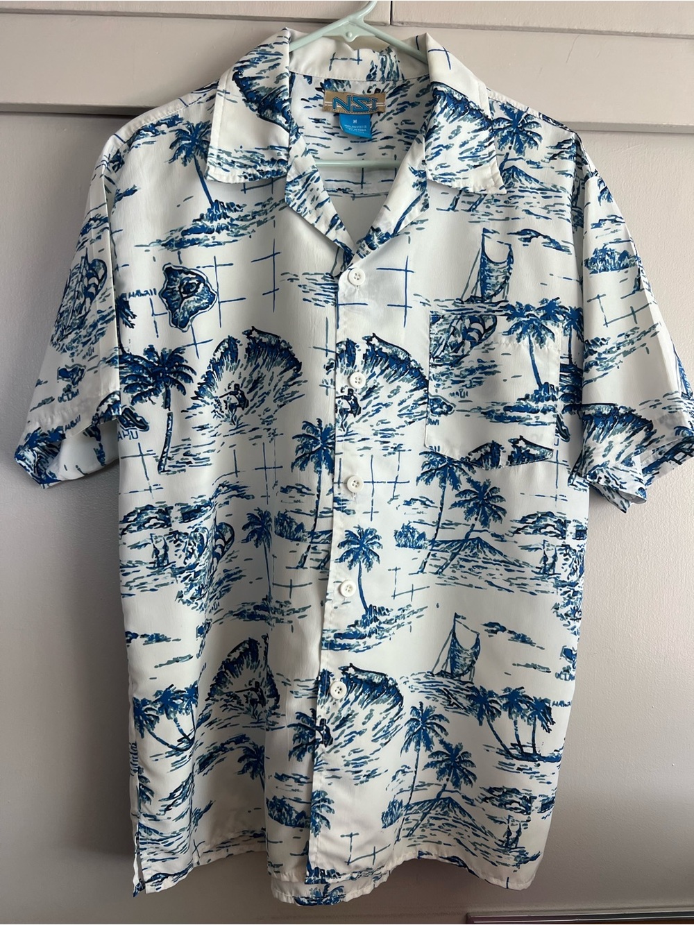 NSF White and Blue Tropical Palm Print Short-Sleeve Button-Down Shirt